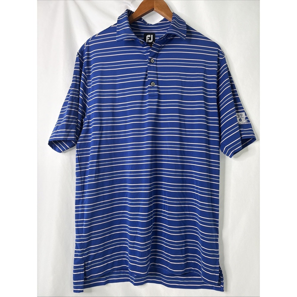 Footjoy FJ Mens Medium Golf Shirt Blue Striped Short Sleeve Polo Pink Gray